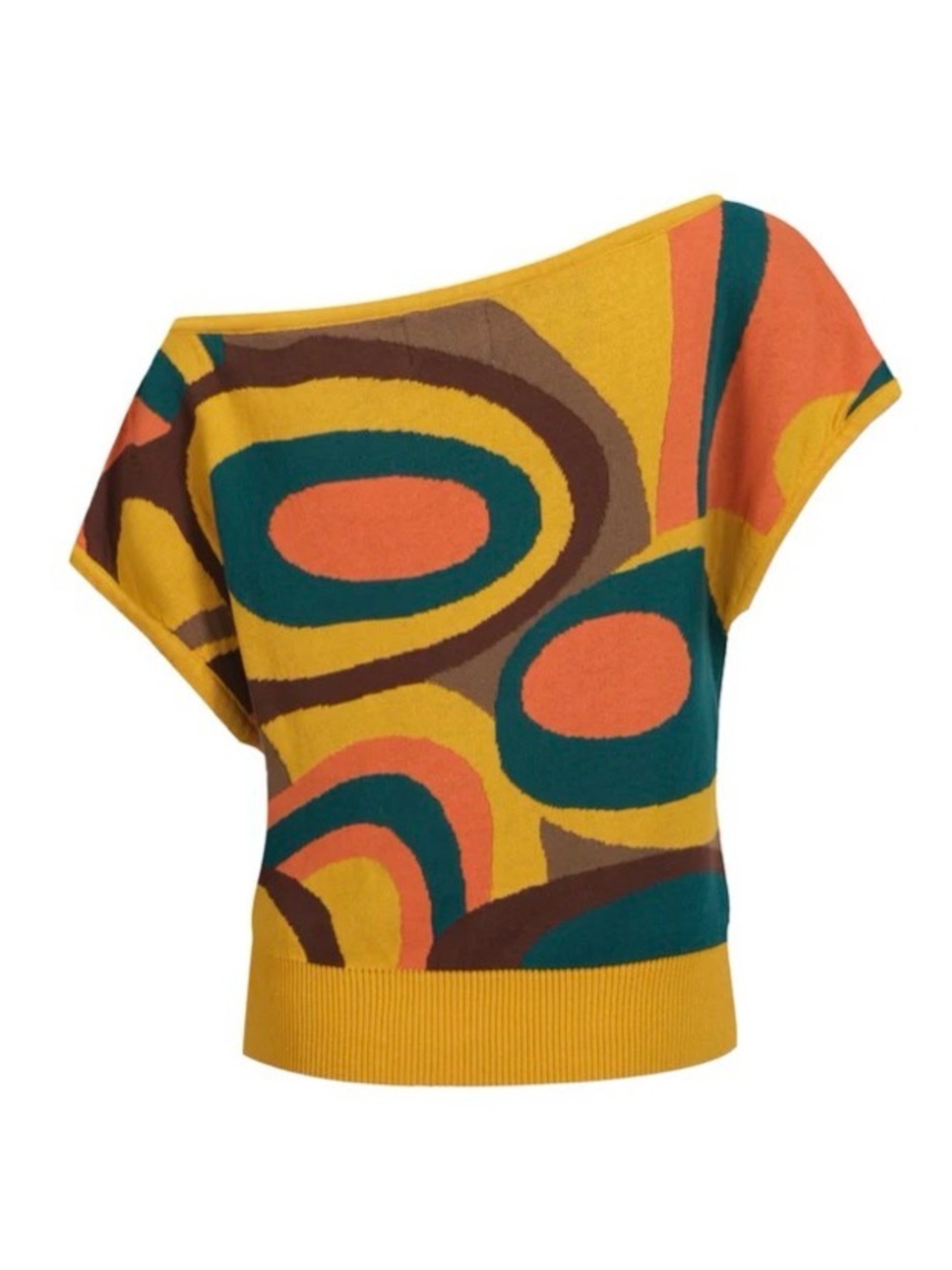 OXKnit off shoulder Mustard Abstract Print Short-Sleeve Sweater